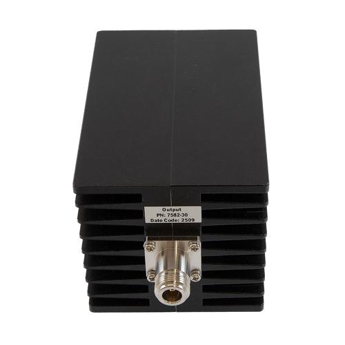 30 dB Fixed Attenuator N Male (Plug) to N Female (Jack) Up to 10 GHz Rated to 150 Watts, Aluminum Black Anodized Body, 1.5 VSWR FMAT7582-30