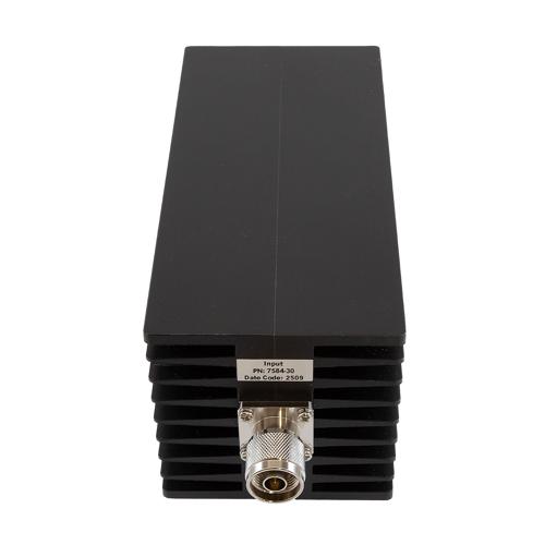 30 dB Fixed Attenuator N Male (Plug) to N Female (Jack) Up to 10 GHz Rated to 250 Watts, Aluminum Black Anodized Body, 1.5 VSWR FMAT7584-30