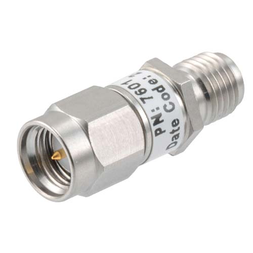 12dB RF fixed attenuator 2W, DC to 3GHz, SMA male to female, Stainless Steel FMAT7601-12