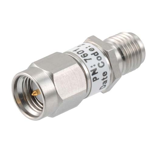 7dB RF fixed attenuator 2W, DC to 3GHz, SMA male to female, Stainless Steel FMAT7601-7