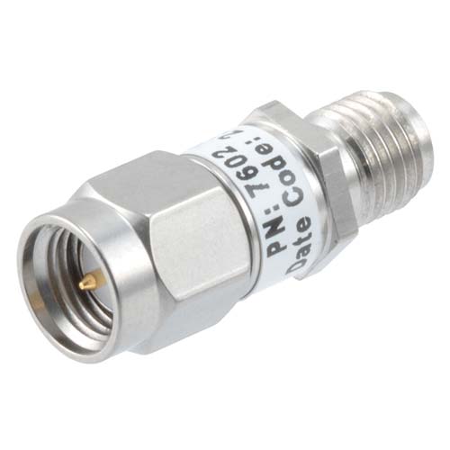 12dB RF fixed attenuator 2W, DC to 6GHz, SMA male to female, Stainless Steel FMAT7602-12