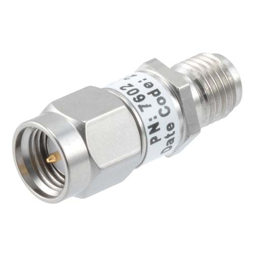 20dB RF fixed attenuator 2W, DC to 6GHz, SMA male to female, Stainless Steel FMAT7602-20