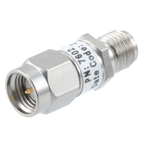 4dB RF fixed attenuator 2W, DC to 6GHz, SMA male to female, Stainless Steel FMAT7602-4