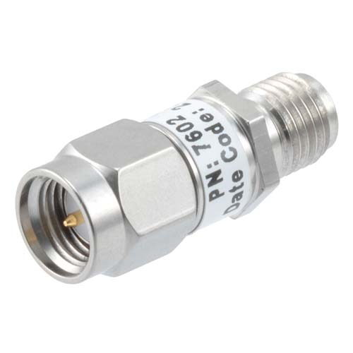 40dB RF fixed attenuator 2W, DC to 6GHz, SMA male to female, Stainless Steel FMAT7602-40
