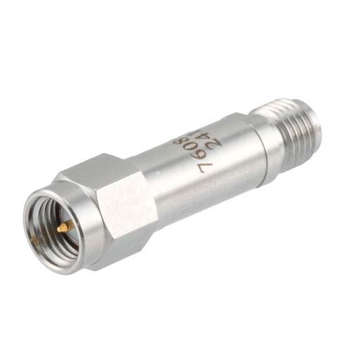 40 dB RF Fixed Attenuator SMA Male (Plug) to SMA Female (Jack), DC to 6GHz Rated to 2 Watt, Stainless Steel Body, 1.35:1 VSWR FMAT7608-40