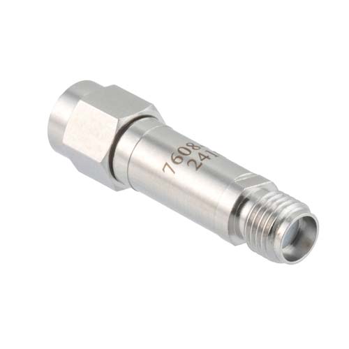 40 dB RF Fixed Attenuator SMA Male (Plug) to SMA Female (Jack), DC to 6GHz Rated to 2 Watt, Stainless Steel Body, 1.35:1 VSWR FMAT7608-40