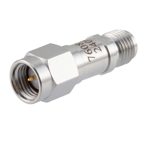 9 dB RF Fixed Attenuator SMA Male (Plug) to SMA Female (Jack), DC to 6GHz Rated to 2 Watt, Stainless Steel Body, 1.35:1 VSWR FMAT7608-9