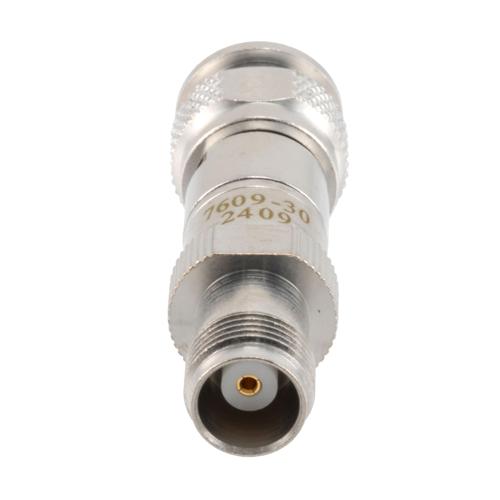 30 dB RF Fixed Attenuator TNC Male (Plug) to TNC Female (Jack), DC to 3 GHz Rated to 2 Watt, Brass Body, 1.25:1 VSWR FMAT7609-30