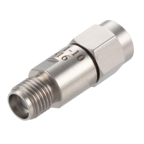 10 dB Fixed Attenuator SMA Male (Plug) to SMA Female (Jack) DC to 18 GHz Rated to 2 Watt Stainless Steel Body 1.3:1 VSWR FMAT7611-10