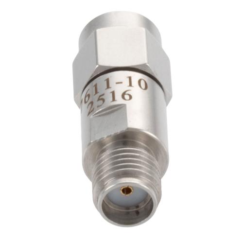 10 dB Fixed Attenuator SMA Male (Plug) to SMA Female (Jack) DC to 18 GHz Rated to 2 Watt Stainless Steel Body 1.3:1 VSWR FMAT7611-10