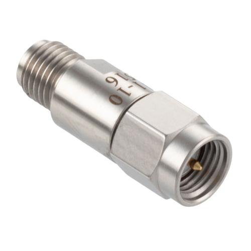 10 dB Fixed Attenuator SMA Male (Plug) to SMA Female (Jack) DC to 18 GHz Rated to 2 Watt Stainless Steel Body 1.3:1 VSWR FMAT7611-10