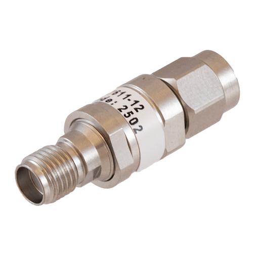 12 dB Fixed Attenuator SMA Male (Plug) to SMA Female (Jack) DC to 18 GHz Rated to 2 Watt Stainless Steel Body 1.35:1 VSWR FMAT7611-12