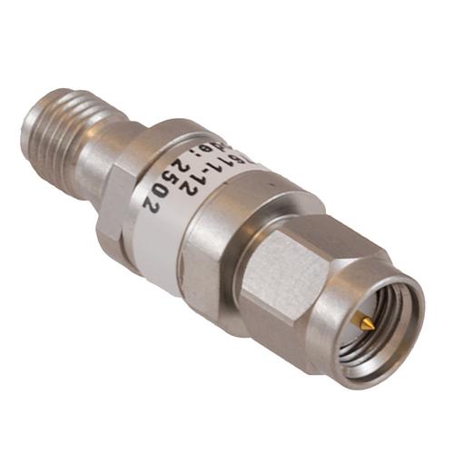 12 dB Fixed Attenuator SMA Male (Plug) to SMA Female (Jack) DC to 18 GHz Rated to 2 Watt Stainless Steel Body 1.35:1 VSWR FMAT7611-12