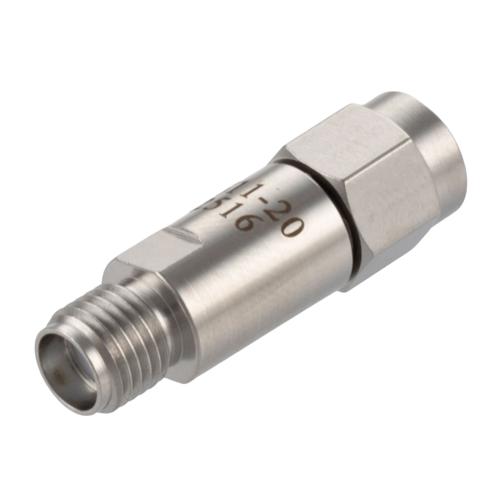 20 dB Fixed Attenuator SMA Male (Plug) to SMA Female (Jack) DC to 18 GHz Rated to 2 Watt Stainless Steel Body 1.3:1 VSWR FMAT7611-20