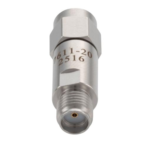 20 dB Fixed Attenuator SMA Male (Plug) to SMA Female (Jack) DC to 18 GHz Rated to 2 Watt Stainless Steel Body 1.3:1 VSWR FMAT7611-20