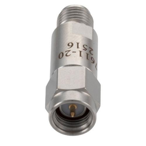 20 dB Fixed Attenuator SMA Male (Plug) to SMA Female (Jack) DC to 18 GHz Rated to 2 Watt Stainless Steel Body 1.3:1 VSWR FMAT7611-20