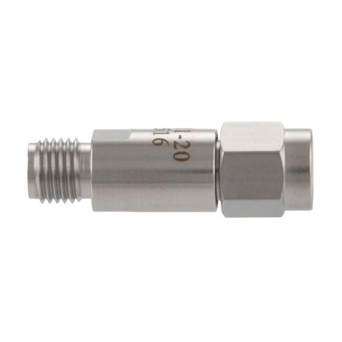 20 dB Fixed Attenuator SMA Male (Plug) to SMA Female (Jack) DC to 18 GHz Rated to 2 Watt Stainless Steel Body 1.3:1 VSWR FMAT7611-20