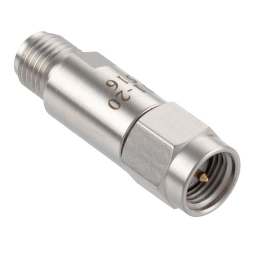 20 dB Fixed Attenuator SMA Male (Plug) to SMA Female (Jack) DC to 18 GHz Rated to 2 Watt Stainless Steel Body 1.3:1 VSWR FMAT7611-20