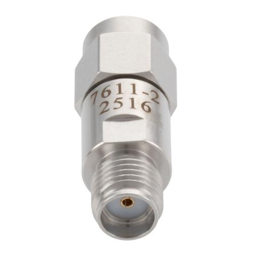 2 dB Fixed Attenuator SMA Male (Plug) to SMA Female (Jack) DC to 18 GHz Rated to 2 Watt Stainless Steel Body 1.3:1 VSWR FMAT7611-2