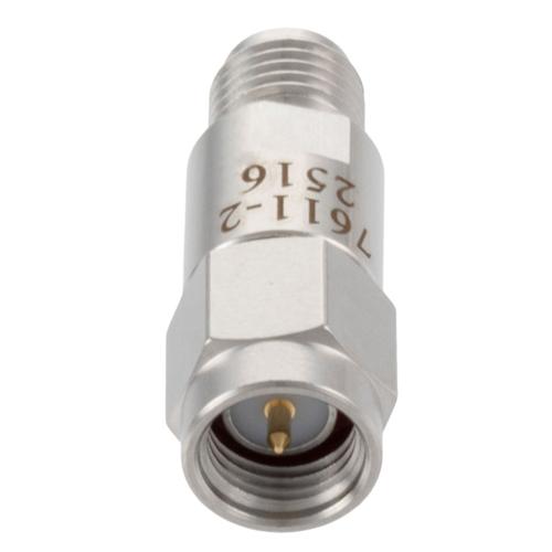 2 dB Fixed Attenuator SMA Male (Plug) to SMA Female (Jack) DC to 18 GHz Rated to 2 Watt Stainless Steel Body 1.3:1 VSWR FMAT7611-2