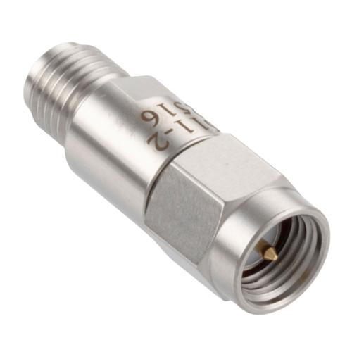 2 dB Fixed Attenuator SMA Male (Plug) to SMA Female (Jack) DC to 18 GHz Rated to 2 Watt Stainless Steel Body 1.3:1 VSWR FMAT7611-2