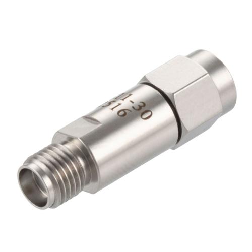 30 dB Fixed Attenuator SMA Male (Plug) to SMA Female (Jack) DC to 18 GHz Rated to 2 Watt Stainless Steel Body 1.3:1 VSWR FMAT7611-30