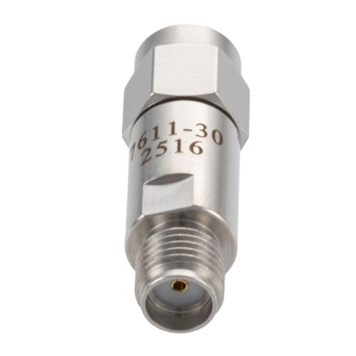 30 dB Fixed Attenuator SMA Male (Plug) to SMA Female (Jack) DC to 18 GHz Rated to 2 Watt Stainless Steel Body 1.3:1 VSWR FMAT7611-30