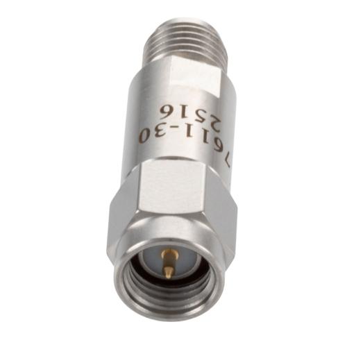 30 dB Fixed Attenuator SMA Male (Plug) to SMA Female (Jack) DC to 18 GHz Rated to 2 Watt Stainless Steel Body 1.3:1 VSWR FMAT7611-30