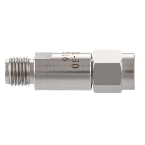 30 dB Fixed Attenuator SMA Male (Plug) to SMA Female (Jack) DC to 18 GHz Rated to 2 Watt Stainless Steel Body 1.3:1 VSWR FMAT7611-30