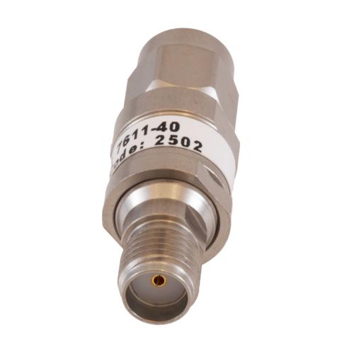 40 dB Fixed Attenuator SMA Male (Plug) to SMA Female (Jack) DC to 18 GHz Rated to 2 Watt Stainless Steel Body 1.35:1 VSWR FMAT7611-40
