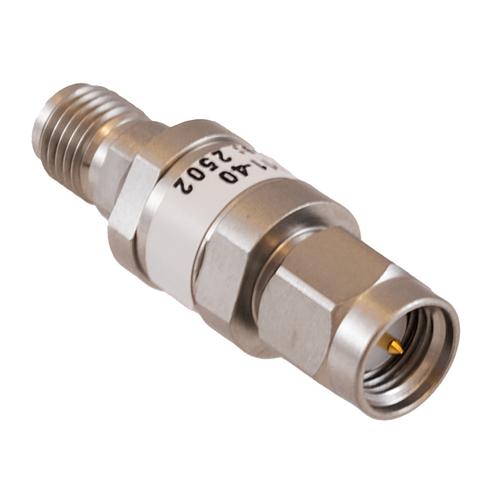 40 dB Fixed Attenuator SMA Male (Plug) to SMA Female (Jack) DC to 18 GHz Rated to 2 Watt Stainless Steel Body 1.35:1 VSWR FMAT7611-40