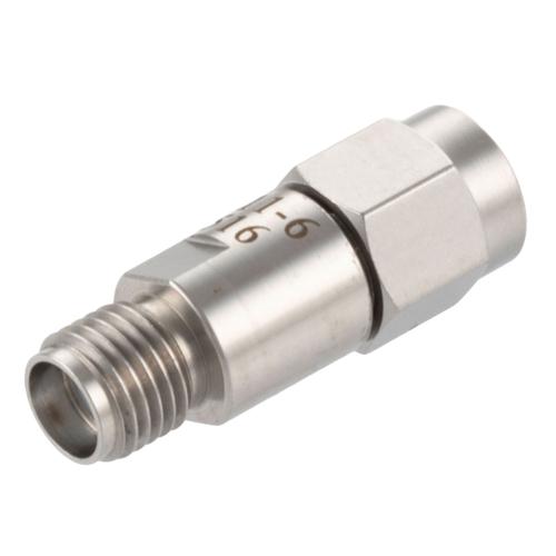 6 dB Fixed Attenuator SMA Male (Plug) to SMA Female (Jack) DC to 18 GHz Rated to 2 Watt Stainless Steel Body 1.3:1 VSWR FMAT7611-6