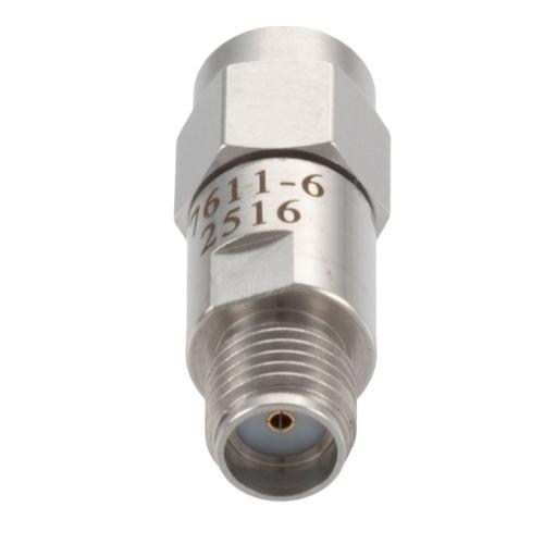 6 dB Fixed Attenuator SMA Male (Plug) to SMA Female (Jack) DC to 18 GHz Rated to 2 Watt Stainless Steel Body 1.3:1 VSWR FMAT7611-6