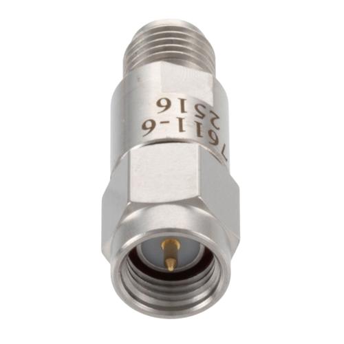 6 dB Fixed Attenuator SMA Male (Plug) to SMA Female (Jack) DC to 18 GHz Rated to 2 Watt Stainless Steel Body 1.3:1 VSWR FMAT7611-6