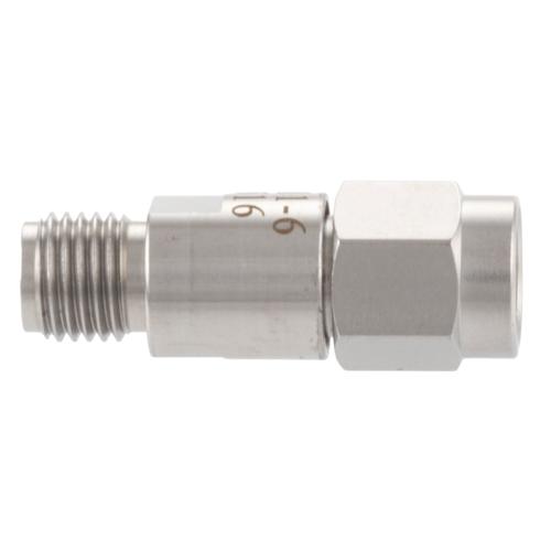 6 dB Fixed Attenuator SMA Male (Plug) to SMA Female (Jack) DC to 18 GHz Rated to 2 Watt Stainless Steel Body 1.3:1 VSWR FMAT7611-6