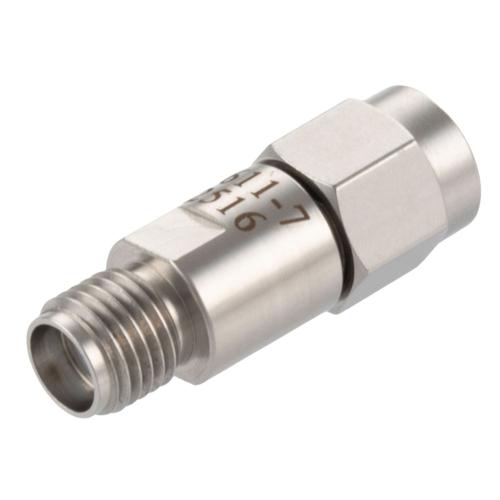 7 dB Fixed Attenuator SMA Male (Plug) to SMA Female (Jack) DC to 18 GHz Rated to 2 Watt Stainless Steel Body 1.3:1 VSWR FMAT7611-7