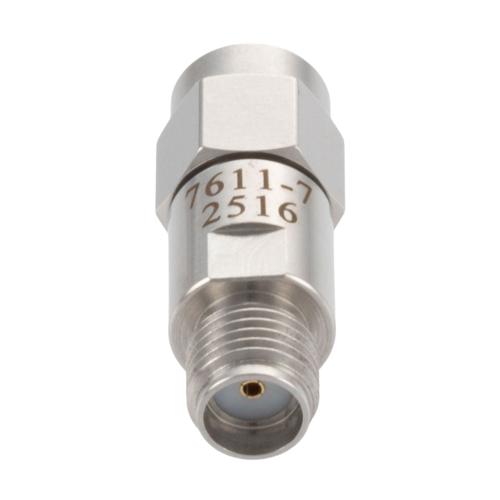 7 dB Fixed Attenuator SMA Male (Plug) to SMA Female (Jack) DC to 18 GHz Rated to 2 Watt Stainless Steel Body 1.3:1 VSWR FMAT7611-7