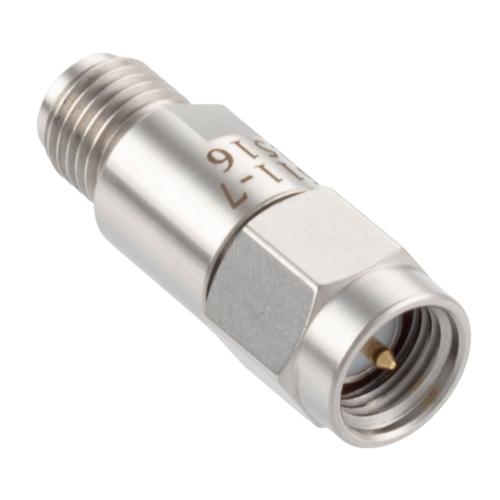 7 dB Fixed Attenuator SMA Male (Plug) to SMA Female (Jack) DC to 18 GHz Rated to 2 Watt Stainless Steel Body 1.3:1 VSWR FMAT7611-7