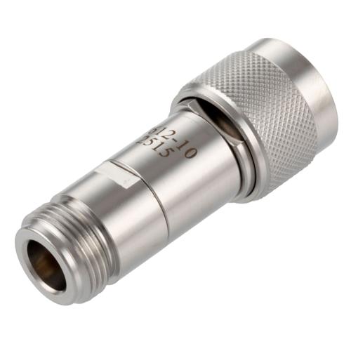 10 dB Fixed Attenuator N-Type Male (Plug) to N-Type Female (Jack) DC to 18 GHz Rated to 2 Watt Stainless Steel Body 1.3:1 VSWR FMAT7612-10