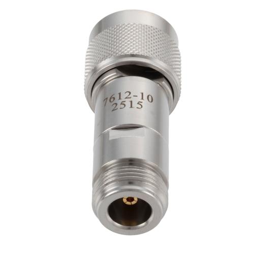 10 dB Fixed Attenuator N-Type Male (Plug) to N-Type Female (Jack) DC to 18 GHz Rated to 2 Watt Stainless Steel Body 1.3:1 VSWR FMAT7612-10