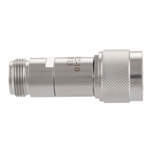 10 dB Fixed Attenuator N-Type Male (Plug) to N-Type Female (Jack) DC to 18 GHz Rated to 2 Watt Stainless Steel Body 1.3:1 VSWR FMAT7612-10