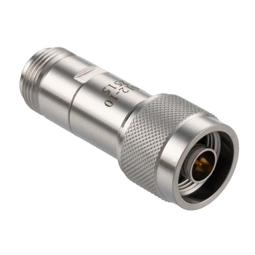 10 dB Fixed Attenuator N-Type Male (Plug) to N-Type Female (Jack) DC to 18 GHz Rated to 2 Watt Stainless Steel Body 1.3:1 VSWR FMAT7612-10