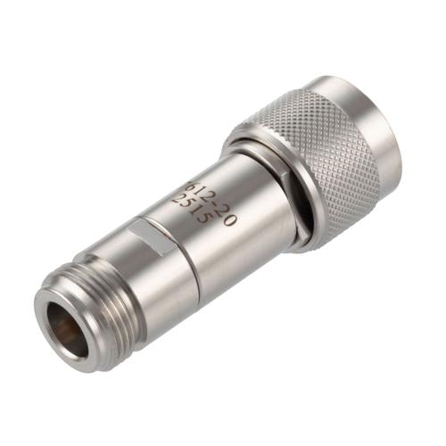 20 dB Fixed Attenuator N-Type Male (Plug) to N-Type Female (Jack) DC to 18 GHz Rated to 2 Watt Stainless Steel Body 1.3:1 VSWR FMAT7612-20
