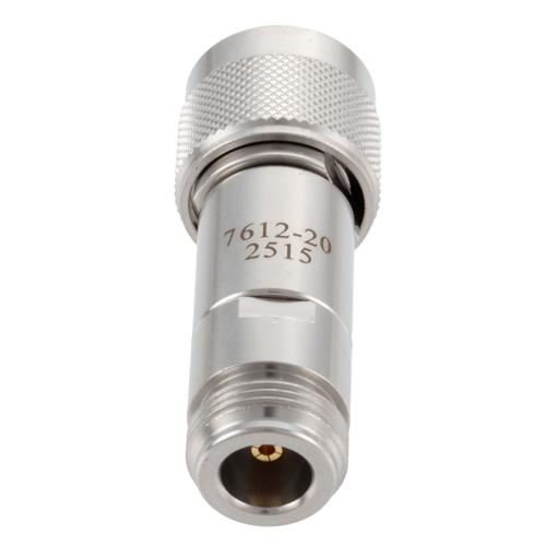 20 dB Fixed Attenuator N-Type Male (Plug) to N-Type Female (Jack) DC to 18 GHz Rated to 2 Watt Stainless Steel Body 1.3:1 VSWR FMAT7612-20