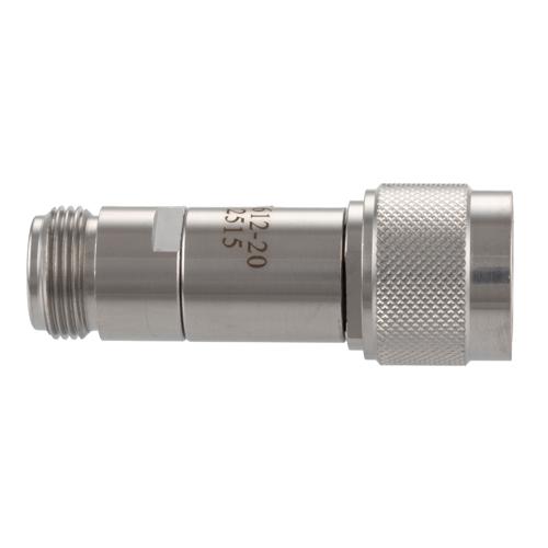20 dB Fixed Attenuator N-Type Male (Plug) to N-Type Female (Jack) DC to 18 GHz Rated to 2 Watt Stainless Steel Body 1.3:1 VSWR FMAT7612-20