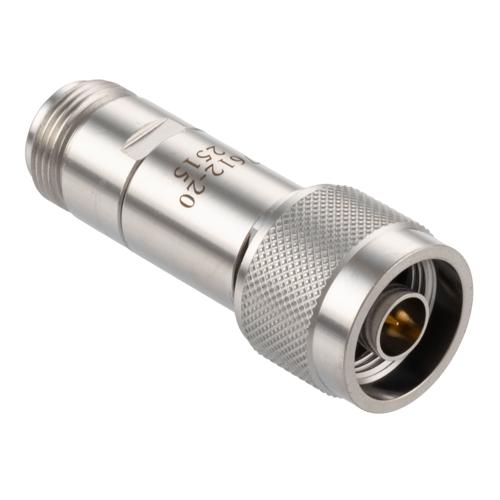 20 dB Fixed Attenuator N-Type Male (Plug) to N-Type Female (Jack) DC to 18 GHz Rated to 2 Watt Stainless Steel Body 1.3:1 VSWR FMAT7612-20