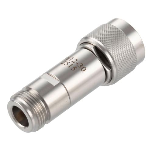 30 dB Fixed Attenuator N-Type Male (Plug) to N-Type Female (Jack) DC to 18 GHz Rated to 2 Watt Stainless Steel Body 1.3:1 VSWR FMAT7612-30