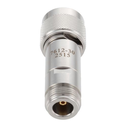 30 dB Fixed Attenuator N-Type Male (Plug) to N-Type Female (Jack) DC to 18 GHz Rated to 2 Watt Stainless Steel Body 1.3:1 VSWR FMAT7612-30