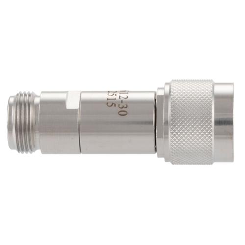 30 dB Fixed Attenuator N-Type Male (Plug) to N-Type Female (Jack) DC to 18 GHz Rated to 2 Watt Stainless Steel Body 1.3:1 VSWR FMAT7612-30