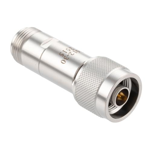 30 dB Fixed Attenuator N-Type Male (Plug) to N-Type Female (Jack) DC to 18 GHz Rated to 2 Watt Stainless Steel Body 1.3:1 VSWR FMAT7612-30